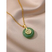 Retro Inlaid Jade Fu Word Pendant Necklace