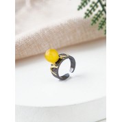 Handmade Natural Amber S925 Silver Rooster Ring