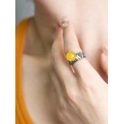 Handmade Natural Amber S925 Silver Rooster Ring