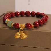 Luxurious Cinnabar Bead Lotus Pendant Bracelet