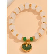 Elegant Metallic Beaded Bracelet With Jade Clasp